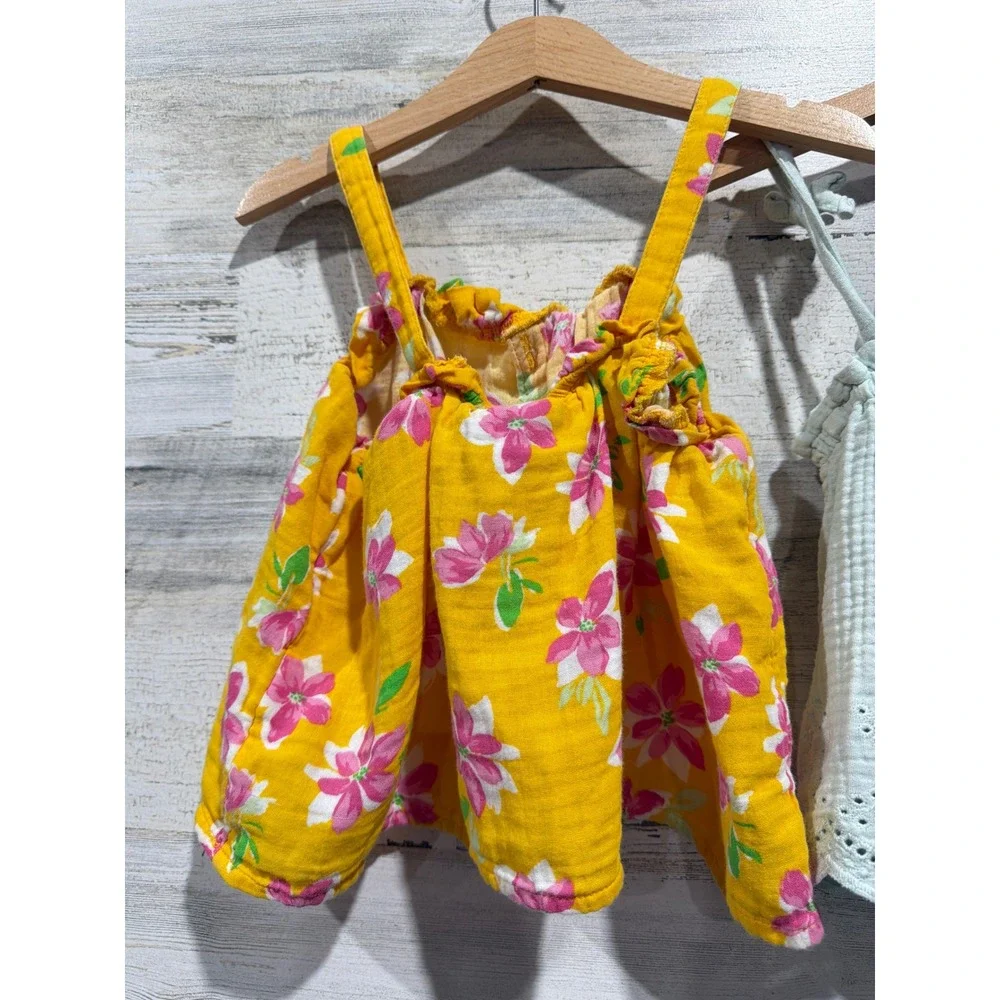 Old Navy Modern Moments Outfit Set Girls 5T Green Yellow Floral Denim Boho EUC